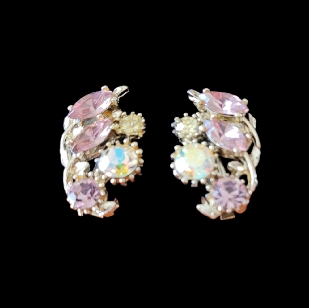 Vintage 60's‎ AB Rhinestone Pink and Yellow Crystal Gold Tone Clip On Earrings